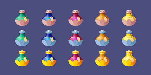 Game icons of bottles with magic potion, poison, alchemy elixir or chemical. Vector cartoon set of fantasy glass vials with golden, silver and bronze corks, labels and color liquid potions
