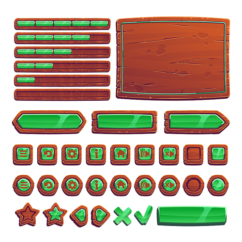 buttons from wooden boards with green for ui game. vector cartoon set of brown banners, emerald menu buttons in wood , arrows and progress bar for mobile game isolated on white 