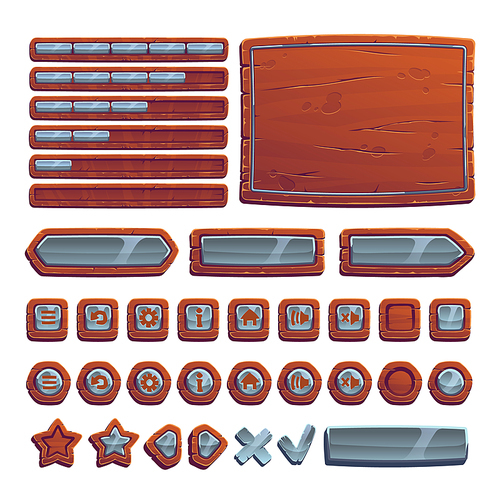 Game buttons of wood and stone, cartoon gamer interface elements, menu board, slider, settings, sound, arrow, info and home keys, user panel ui or gui isolated design, Vector illustration, icons set