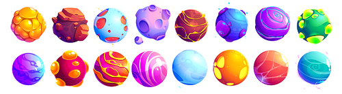Set of fantastic alien planets, cartoon asteroids, galaxy ui game cosmic world objects, space design elements. Pimpled spheres, comets, moon with craters on surface, plasma and ice Vector illustration