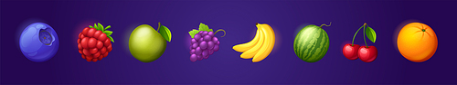 Fruit and berries icons, orange, apple, banana and watermelon isolated on blue background. Vector cartoon set of food symbols, blueberry, raspberry, cherry and grape