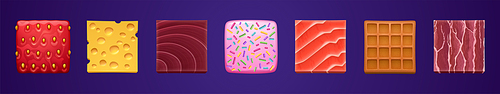 Square buttons with texture of food, waffle, strawberry, cheese and seafood. Vector cartoon set of glossy icons from salmon, meat, tuna and donut with sprinkles isolated on background
