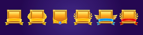 square golden award badges for win in game. vector cartoon icons of gold s with ribbons, feathers and leaves. trophy or prize for best place isolated on background