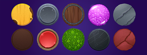Round buttons with wooden, metal, rock and black marble textures for ui game design. Vector cartoon set of circle buttons from rusty iron with peeling paint, grass and purple jelly with bubbles