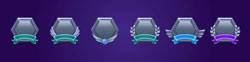 game level metallic ui icons, empty hexagon badges with banners, wings, gem stone or laurel wreath. isolated metal award s or bonus graphic elements, reward, trophy achievement vector set for rpg