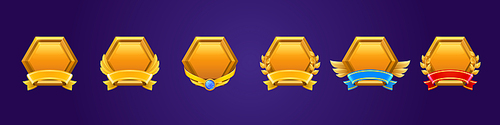 golden game award badges, level ui icons, empty gold hexagon s with banners, wings, gemstone and laurel wreaths. isolated bonus graphic elements, reward, trophy achievement and prize vector set