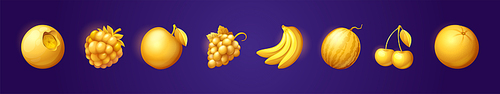 Gold game fruits isolated icons for casino slot machine. Gambling, lotteries, mobile puzzle ui elements. Bananas, cherry, blueberry, apple, watermelon, raspberry, grapes and orange bonus 3d vector set