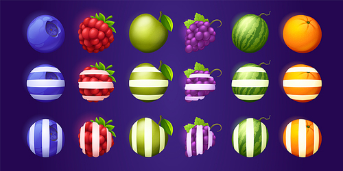 Fruit game icons, bonus for casino slot machine, gambling, lottery or mobile puzzle. Blueberry, raspberry, orange, apple, grapes, watermelon ui elements with vertical or horizontal stripes vector set