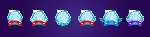 set of ice award badges, ranking game level ui icons. empty frozen hexagon shields with banners, wings or laurel wreaths, isolated bonus, rank s graphic design, reward, trophy vector elements set