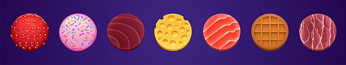Game ui food app icons, round buttons, cartoon menu interface. Gui textured graphic design elements strawberry, sprinkles on pink glaze, meat, cheese, tuna, salmon fish, waffle isolated 2d vector set