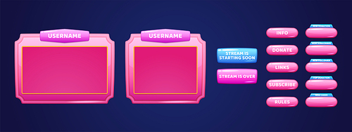 Live streaming background with online multimedia player windows and buttons. User interface of pink color. Social media channel, video blogging broadcasting live stream, Cartoon vector illustration
