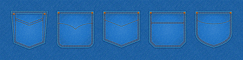 Denim patch pockets, design elements for jeans garment of blue colors with stitches and rivets. Textile background, garment details of different shape and design, Realistic 3d vector illustration, set
