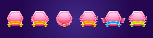 Pink award badges for win in game. Vector cartoon glossy hexagon icons with golden ribbons, gem, feathers and leaves. Shiny plastic buttons of trophy or prize for best place isolated on background