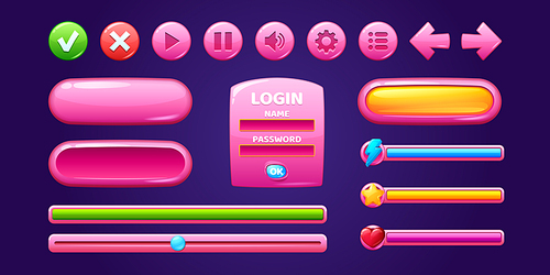 glossy pink buttons and s for user interface design in game. vector cartoon set of ui elements, circle plastic buttons, icons, arrows, bar, slider and login frame