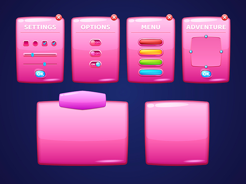 glossy pink boards with buttons for game interface design. vector cartoon set of shiny plastic ui elements, s with settings, options and menu and blank panels
