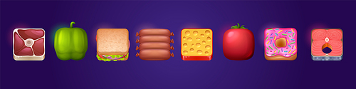 Square food icons, buttons with texture of fish, meat, cheese, sandwich, donut, tomato, sausage and pepper. Vector cartoon set of food symbols for mobile app or game