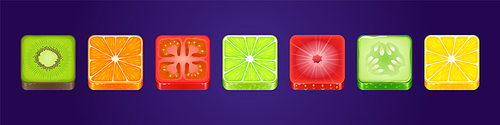 Game ui app icons, square food buttons with texture of kiwi, orange, tomato, lime, strawberry, cucumber and lemon. Vegetable and fruits menu interface textured graphic blocks, isolated 3d vector set