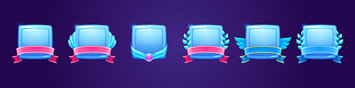 set of blue glossy award badges, ice crystal frozen ranking game level ui icons. empty frozen square shields with banners, wings or laurel wreaths, isolated bonus or rank s, vector elements set