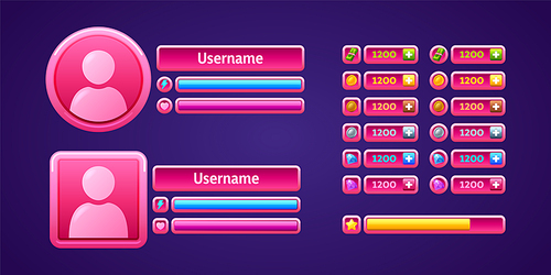 Pink game menu panel, rpg user profiles, daily rewards, username, health and power sliders. Graphic interface design with level assets coins, gem stones, money bills and ranking star, Vector treasure