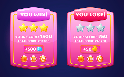 Glossy pink boards with level score, win and lose banners for game ui interface. Vector cartoon set of level achievements with gold stars, coins and buttons isolated on background