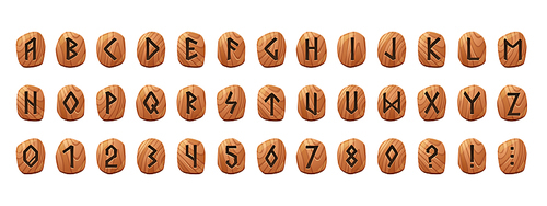 Rune alphabet on wooden tablets with engraved letters, numbers and additional symbols. Vector cartoon set of wood buttons with runic characters, typography font in scandinavian style