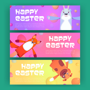 Happy Easter banners with funny puppet dolls rabbit, fox and dog on colorful background with flying painted eggs. Invitation on holiday party or performance, egg hunt Cartoon vector illustration