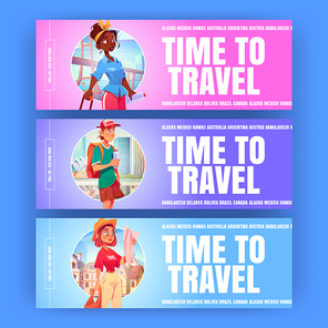 Time to travel cartoon banners. Tourists backpackers learning map searching way on world landmarks background. Travelers agency service flyers, summer vacation trip, adventure Vector illustration