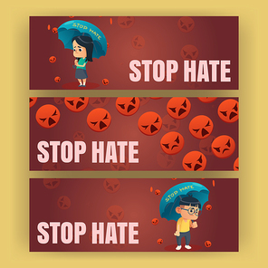 Stop hate cartoon banners, appeal to support community of Asia during pandemic. Cards with sad Asian boy and girl stand under rain of falling angry emoji. Racism, bullying and violence Vector concept