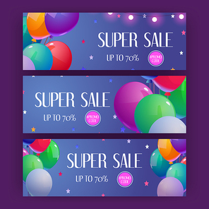 Super sale posters with special offer, price reduction. Vector horizontal banners with discount and promocode. Flyers with cartoon illustration of colorful balloons and stars