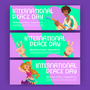 International peace day banners with hippie people and hand shows V gesture. Vector horizontal posters of global day peaceful world with cartoon man with guitar, girl and hand sign with two fingers