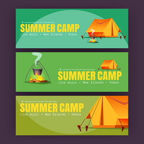 Summer camp posters with tent, bonfire and bowler on green background. Vector horizontal banners of hiking, vacation on nature with cartoon illustration of campsite with tent, cauldron and fire