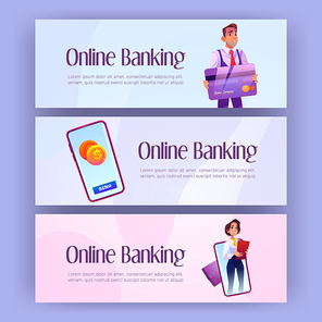 Online banking banners with man holding credit card and mobile phone with finance app. Vector horizontal posters of digital bank service with cartoon managers and smartphone