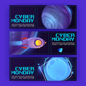 Cyber monday flyers with special offer, discount. Vector horizontal banners of sale day with cartoon illustration of rocket, planets and stars in outer space