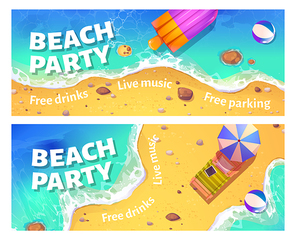 Beach party cartoon flyer with woman floating in ocean on inflatable ring top view. Invitation card or poster for summe rtime vacation entertainment with free drinks and live music vector illustration