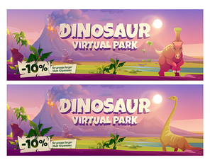 Dinosaur virtual park cartoon posters, historical online museum visit promo with discount for large groups. Educational prehistory portal, paleontology studying, exhibition service, vector flyers set