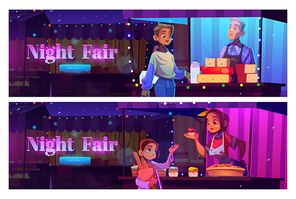 Night fair cartoon web banner with people visit outdoor market booths and kiosks. Characters buying bakery and dairy production at farmer food stalls illuminated with garlands, vector illustration