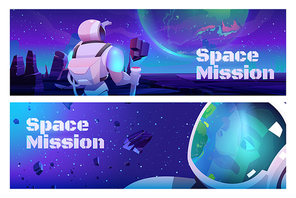 Space missions banner with astronaut in suit and helmet on alien planet in far galaxy. Vector header of cosmos exploration with cartoon illustration of cosmonaut in spacesuit