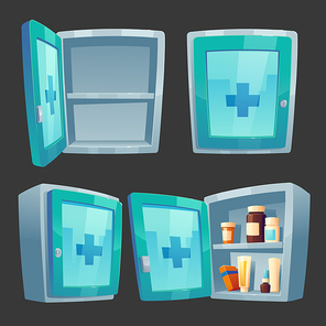 First aid kit, medicine box with pharmacy. Closed and open wall chest with drugs, pills packs and bottles on shelf. Full and empty pharmaceutical medical remedies storage, Cartoon vector illustration