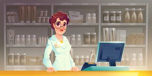 Pharmacist woman at pharmacy counter. Drugstore interior with medical products on shelves. Apothecary female character with serious face wear white lab coat and glasses, Cartoon vector illustration