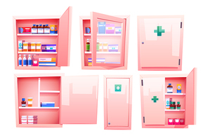 Medicine cabinet, cupboard with pharmacy drugs and pills for home bathroom or store. Vector cartoon set of open and closed cabinet with tablets, vitamins and medications