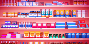 Pharmacy shelf, drugstore rack with medicine retail products, shop showcase with pharmaceutical pills, remedy and drug packs, bottles, tubes and sprays with price tags Cartoon vector illustration