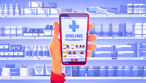 Online pharmacy concept, hand holding smartphone with application for ordering medicine in internet. Customer at drugstore shelf with pills, medicals and remedy products Cartoon vector illustration