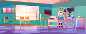 Hospital ward with doctor and patient on adjustable bed. Vector cartoon illustration of sick woman and male nurse in clinic. Room interior with medical monitor and drop counter