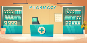 Pharmacy interior, modern drugstore with counter, medical products and pills on shelves. Vector cartoon illustration of empty pharmaceutical shop with drugs, vitamin and medications in showcase