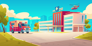 Cityscape with hospital building, ambulance car and helicopter. Vector cartoon illustration of medical clinic on town street, urgent first aid service, emergency rescue and ambulatory service