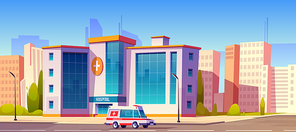 Hospital clinic building with ambulance car truck riding at road and green trees around. Medicine, city infirmary health care infrastructure, medic multistorey office, Cartoon vector illustration