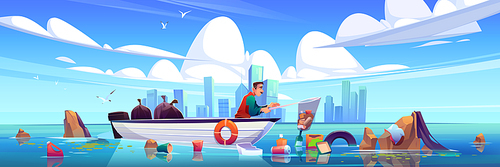 Ocean polluted water cleanup, man on wooden boat cleaning sea surface catch plastic garbage with skip at modern city skyline. Urban eco pollution, trash on dirty waterfront Cartoon vector illustration