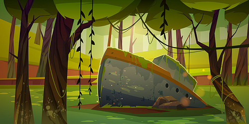 Old sunken ship covered with moss stuck in ground in deep forest. Cartoon background, nature landscape with ancient boat, deciduous trees and lianas, adventure game, archaeology, Vector illustration