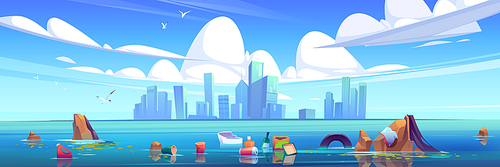Lake with plastic trash floating in water and city buildings on skyline. Vector cartoon illustration of sea pollution by waste and garbage. Landscape with skyscrapers on horizon and polluted river