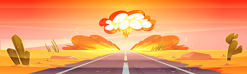 Atomic bomb explosion in desert. Concept of atom war, nuke blast. Vector cartoon illustration of sand desert landscape with road, cactuses and mushroom cloud of nuclear explode with fire and smoke